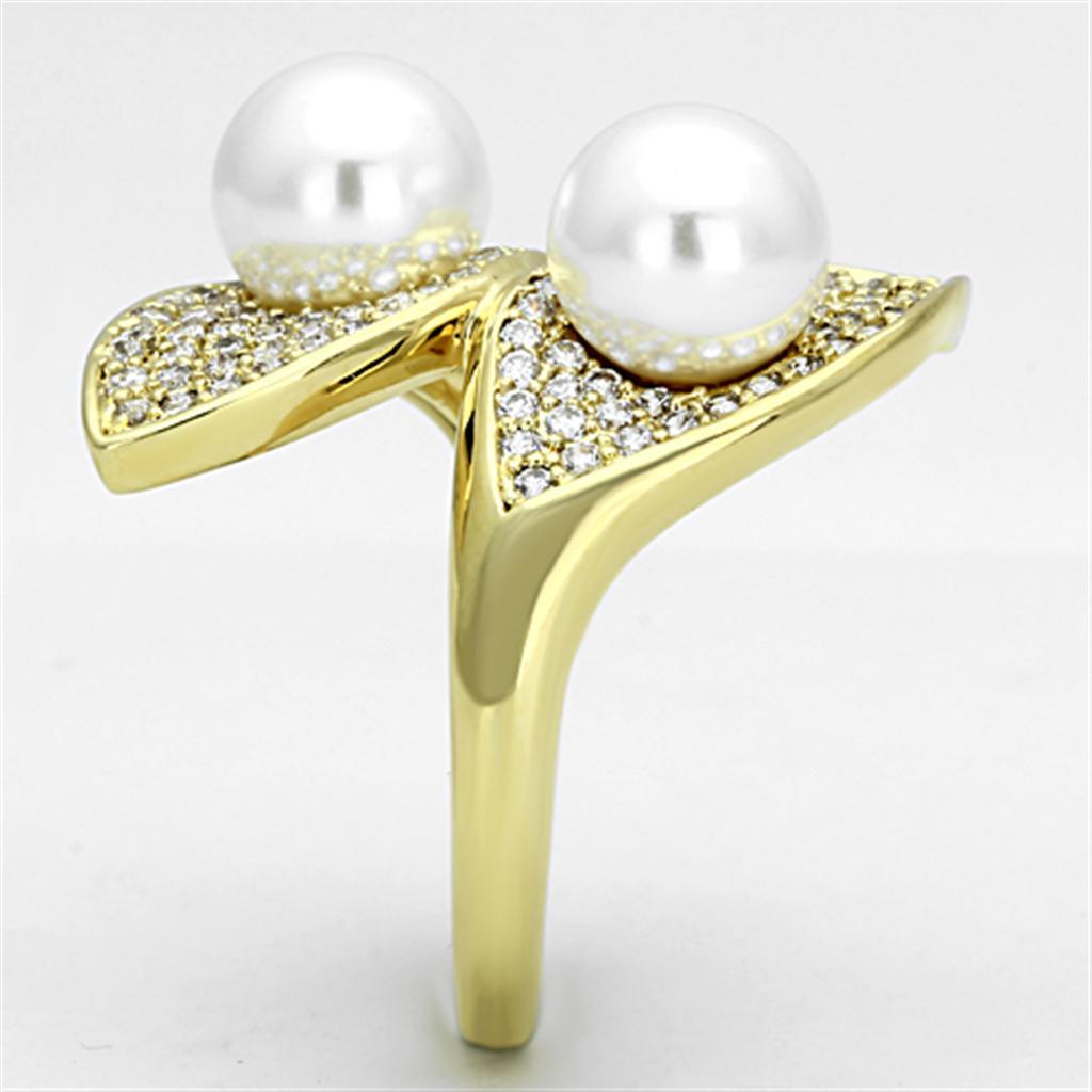 3W522 - Gold Brass Ring with Synthetic Pearl in White-3
