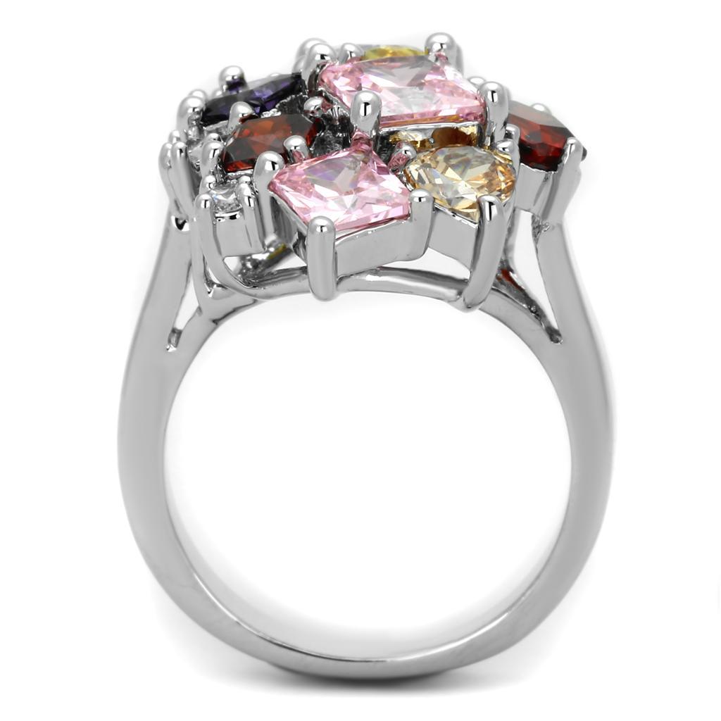 Ela Cocktail Ring - Rhodium Brass, AAA CZ , Multi Color - 3W599-2