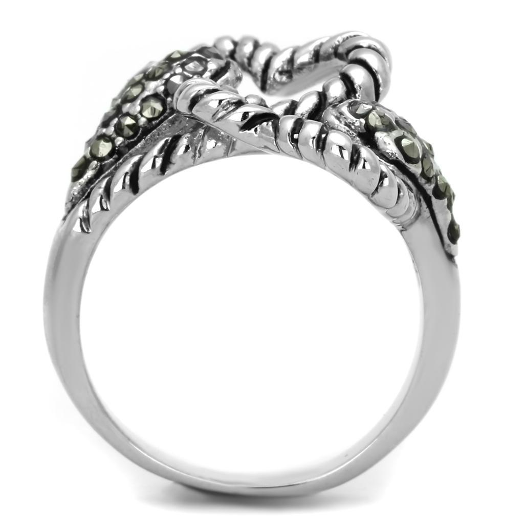 3W608 - Rhodium Brass Ring with Synthetic Marcasite in Black Diamond-2