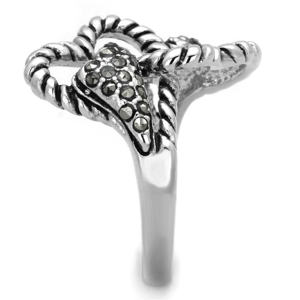 3W608 - Rhodium Brass Ring with Synthetic Marcasite in Black Diamond-3