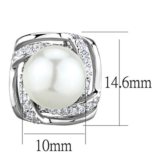 3W678 - Rhodium Brass Earrings with Synthetic Pearl in White-1