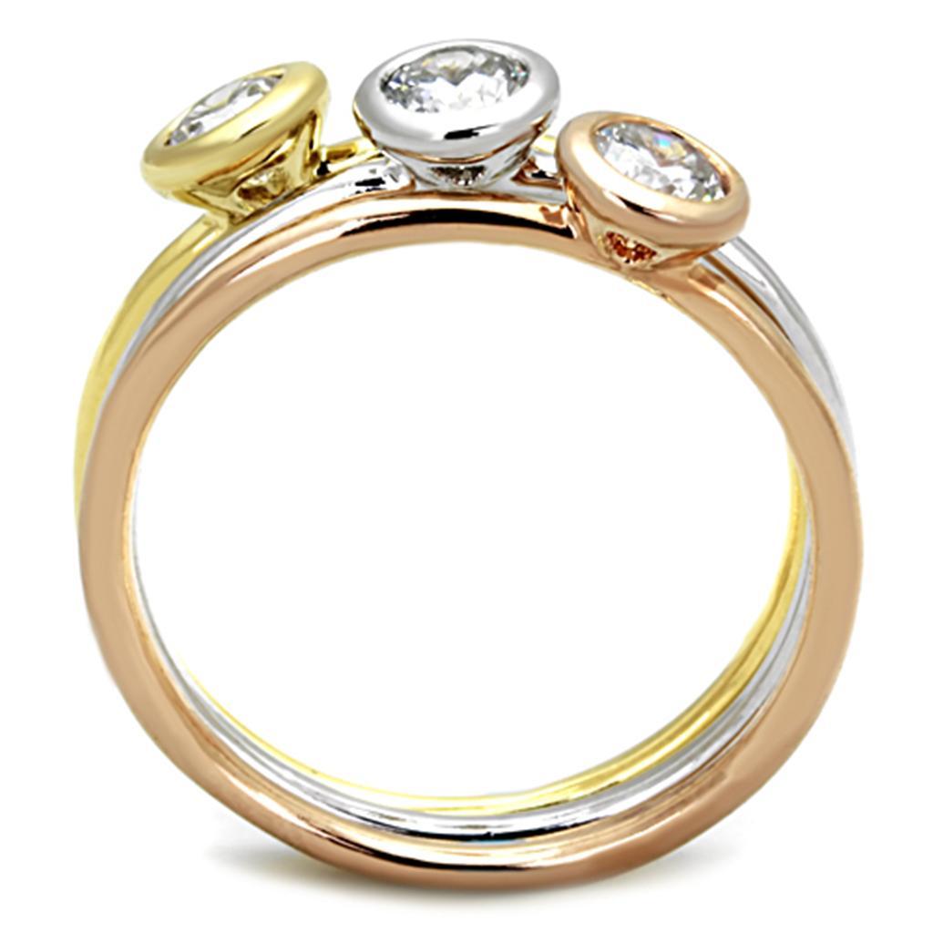 3W804 - Rhodium + Gold + Rose Gold Brass Ring with AAA Grade CZ  in Clear-2
