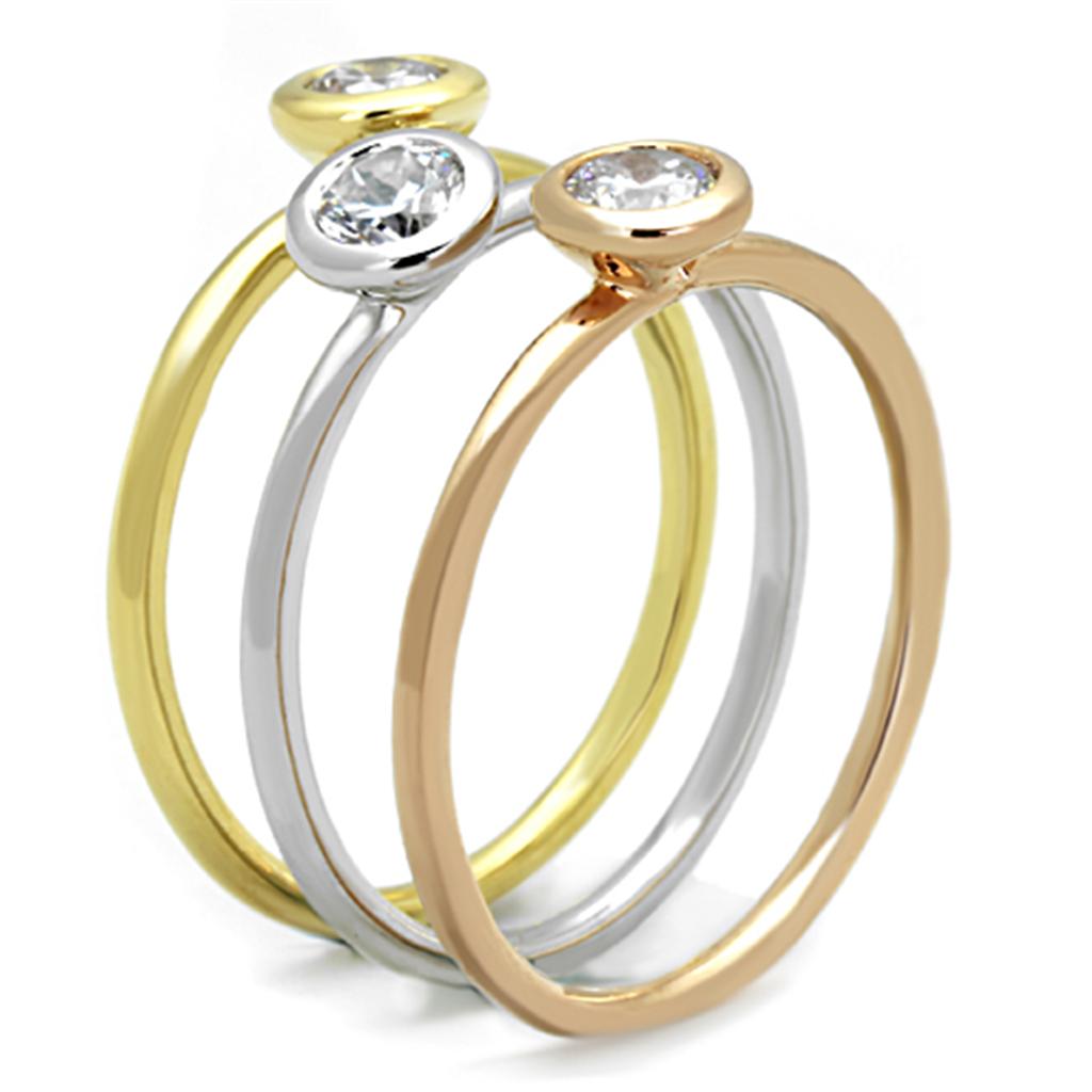 3W804 - Rhodium + Gold + Rose Gold Brass Ring with AAA Grade CZ  in Clear-3