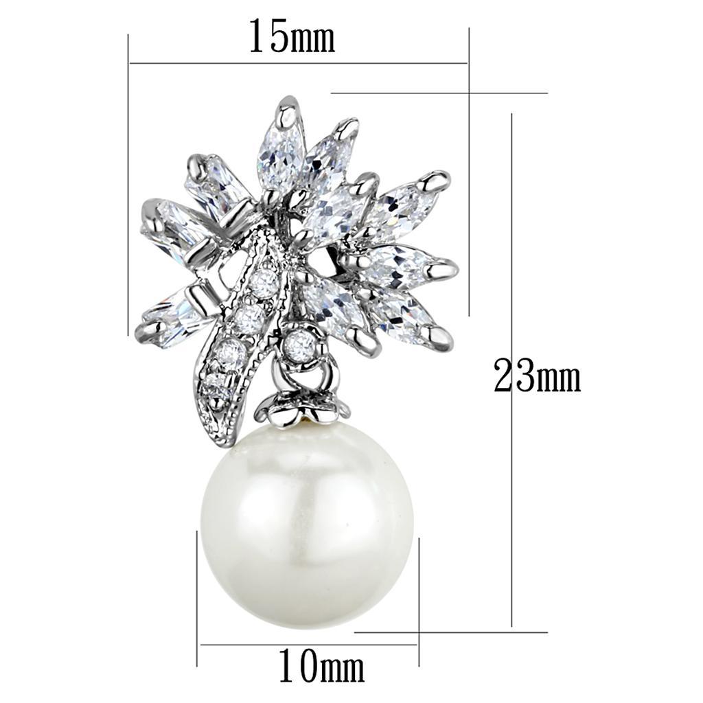 3W888 - Rhodium Brass Earrings with Synthetic Pearl in White-1