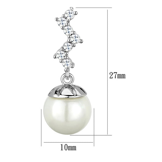 3W894 - Rhodium Brass Earrings with Synthetic Pearl in White-1