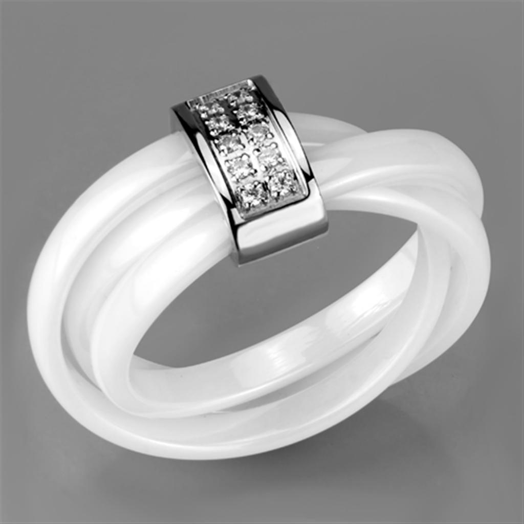 3W951 - High polished (no plating) Stainless Steel Ring with Ceramic  in White-4