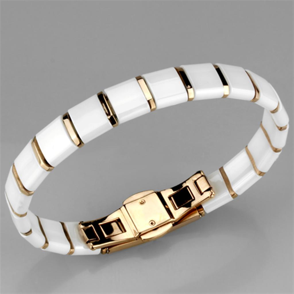 3W987 - IP Rose Gold(Ion Plating) Stainless Steel Bracelet with Ceramic  in White-1