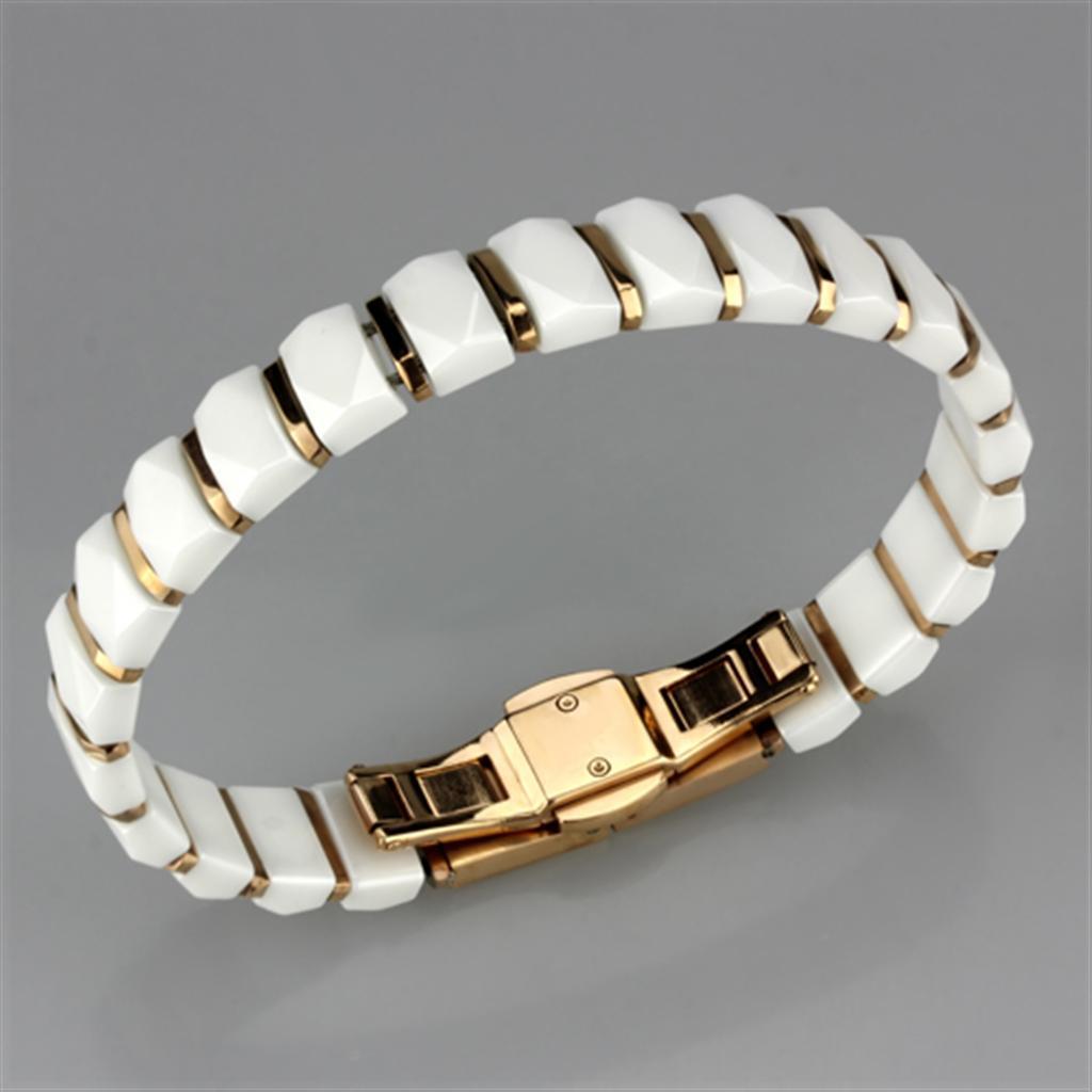 3W993 - IP Rose Gold(Ion Plating) Stainless Steel Bracelet with Ceramic  in White-1