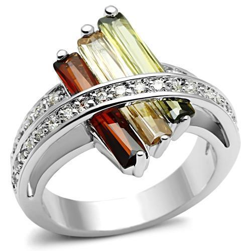 3W025 - Rhodium Brass Ring with AAA Grade CZ  in Multi Color-0