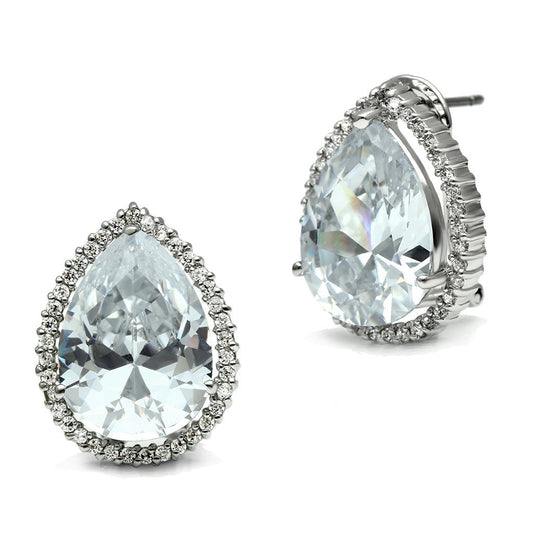 3W080 - Rhodium Brass Earrings with AAA Grade CZ  in Clear-0