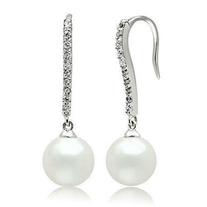 3W086 - Rhodium Brass Earrings with Synthetic Pearl in White-0