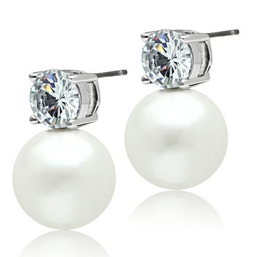 3W088 - Rhodium Brass Earrings with Synthetic Pearl in White-1