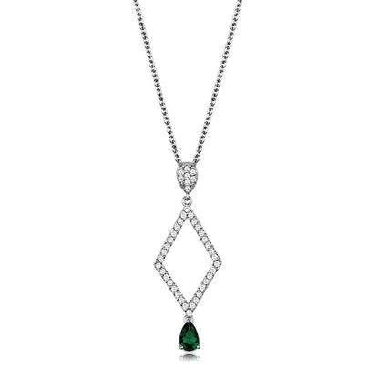 3W1026 - Rhodium Brass Chain Pendant with Synthetic Synthetic Glass in Emerald-0