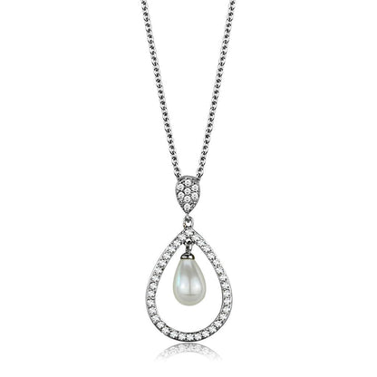 3W1031 - Rhodium Brass Chain Pendant with Synthetic Pearl in White-0