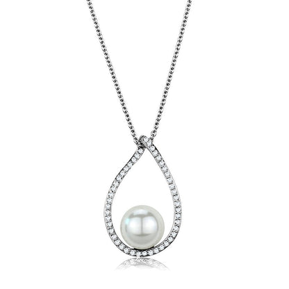 3W1036 - Rhodium Brass Chain Pendant with Synthetic Pearl in White-0