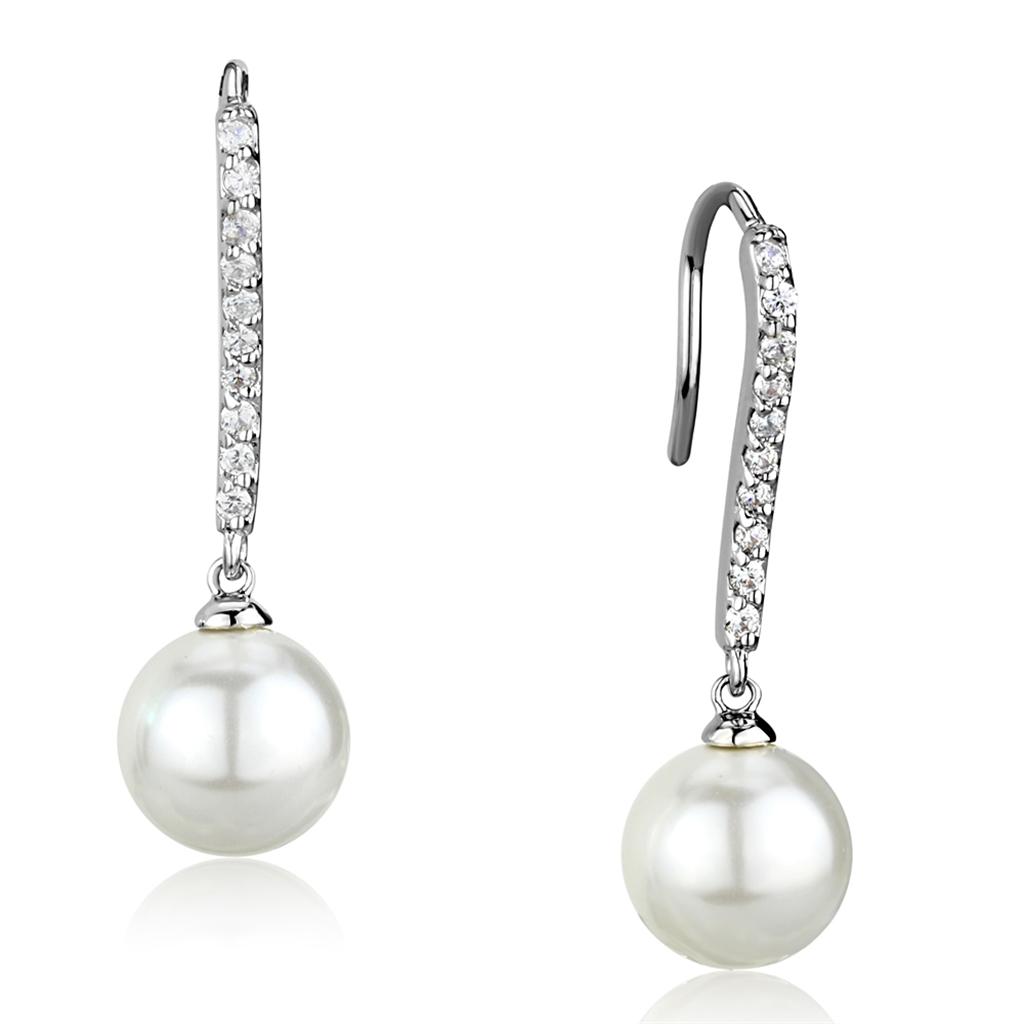 3W1059 - Rhodium Brass Earrings with Synthetic Pearl in White-0