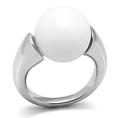 3W106 - Rhodium Brass Ring with Synthetic Glass Bead in White-0