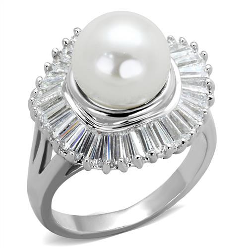 3W1073 - Rhodium Brass Ring with Synthetic Pearl in White-0
