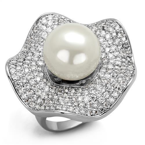 3W1080 - Rhodium Brass Ring with Synthetic Pearl in White-0