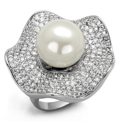 3W1080 - Rhodium Brass Ring with Synthetic Pearl in White-0