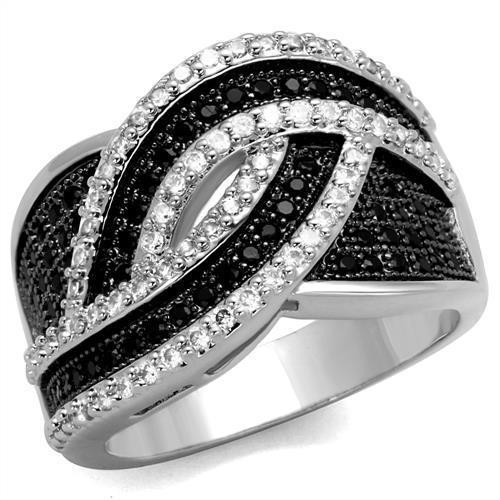 3W1090 - Rhodium + Ruthenium Brass Ring with AAA Grade CZ  in Black Diamond-0
