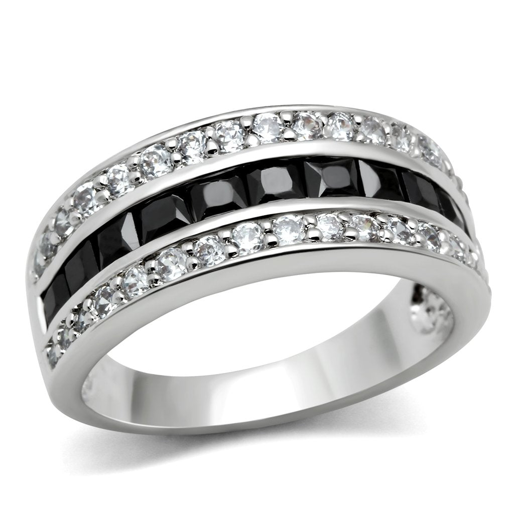 3W117 - Rhodium Brass Ring with AAA Grade CZ  in Jet-0