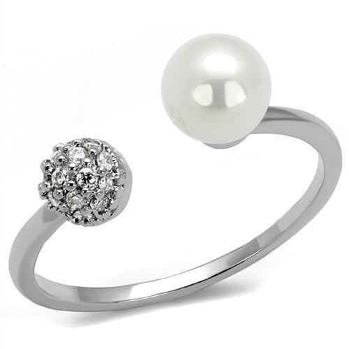 3W1230 - Rhodium Brass Ring with Synthetic Pearl in White-0