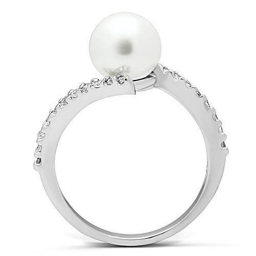 3W126 - Rhodium Brass Ring with Synthetic Pearl in White-2