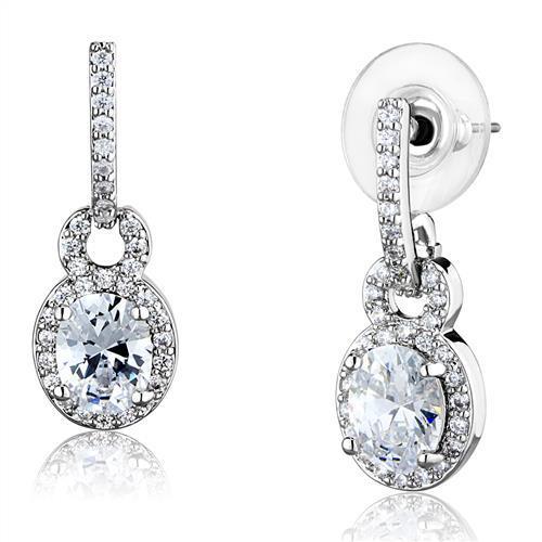 3W1276 - Rhodium Brass Earrings with AAA Grade CZ  in Clear-0