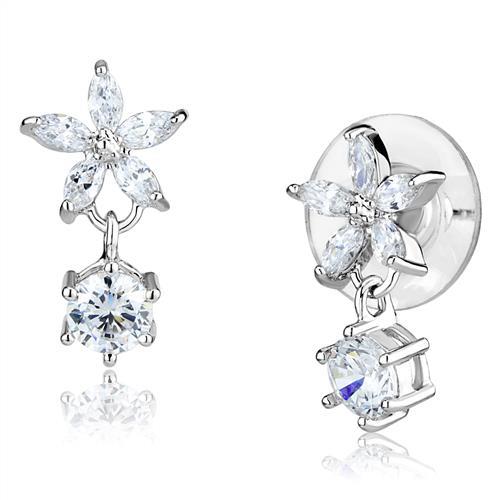 3W1281 - Rhodium Brass Earrings with AAA Grade CZ  in Clear-0