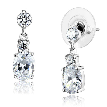 3W1290 - Rhodium Brass Earrings with AAA Grade CZ  in Clear-0