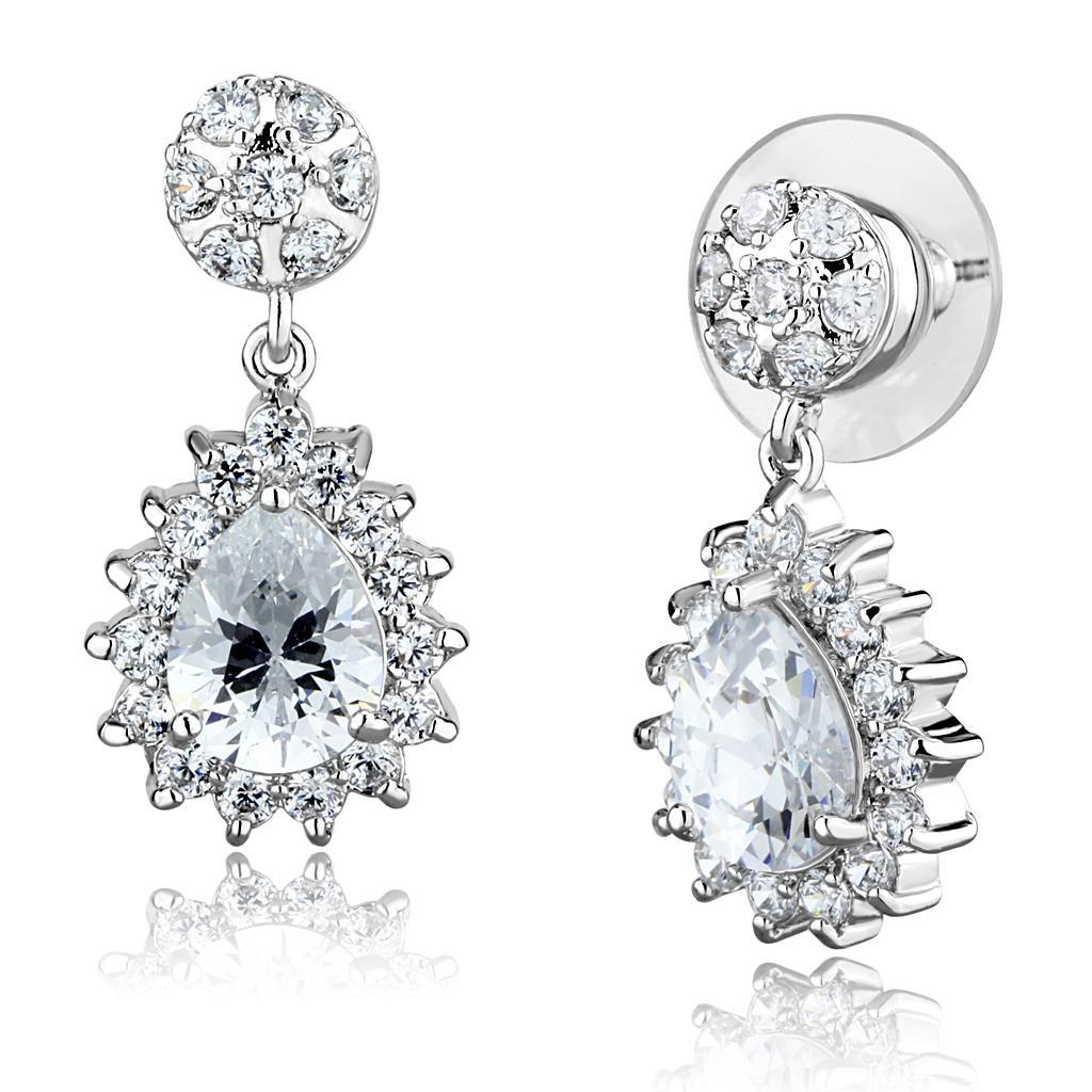 3W1292 - Rhodium Brass Earrings with AAA Grade CZ  in Clear-0