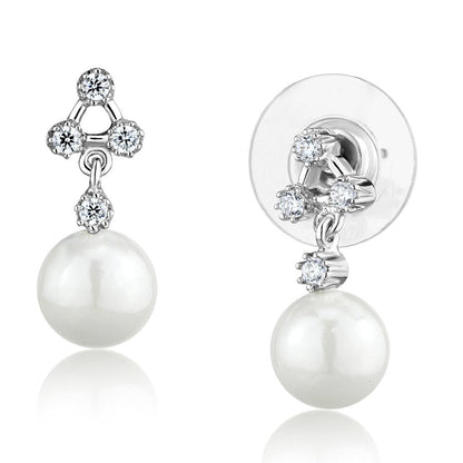 3W1295 - Rhodium Brass Earrings with Synthetic Pearl in White-0