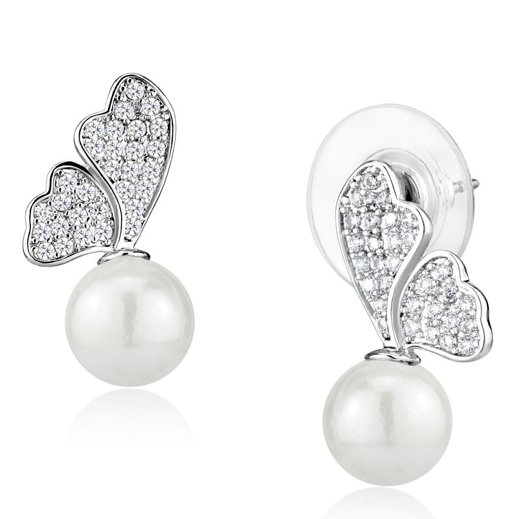 3W1299 - Rhodium Brass Earrings with Synthetic Pearl in White-0
