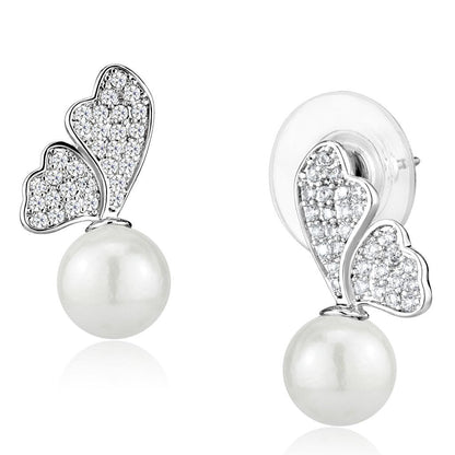3W1299 - Rhodium Brass Earrings with Synthetic Pearl in White-0