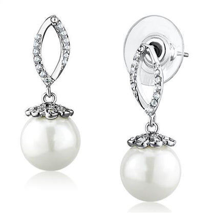 3W1301 - Rhodium Brass Earrings with Synthetic Pearl in White-0