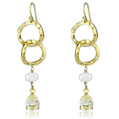 3W1312 - Gold Brass Earrings with Semi-Precious Pearl in White-0