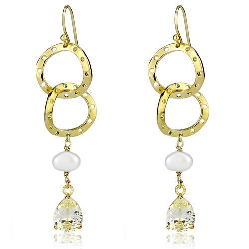 3W1312 - Gold Brass Earrings with Semi-Precious Pearl in White-0
