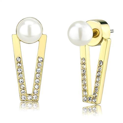 3W1315 - Gold Brass Earrings with Synthetic Pearl in White-0