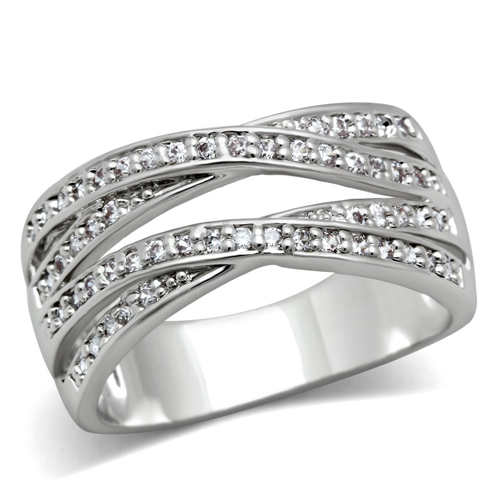 3W131 - Rhodium Brass Ring with AAA Grade CZ  in Clear-0