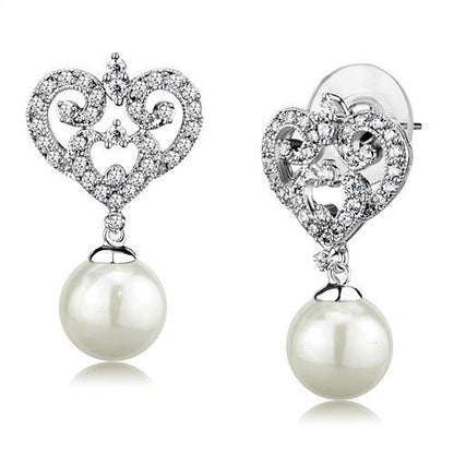 3W1353 - Rhodium Brass Earrings with Synthetic Pearl in White-0