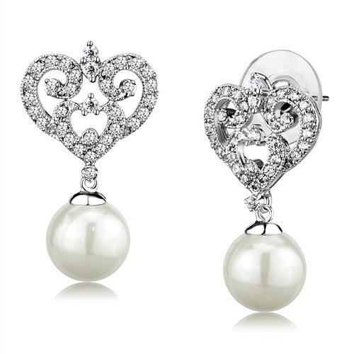 3W1353 - Rhodium Brass Earrings with Synthetic Pearl in White-0