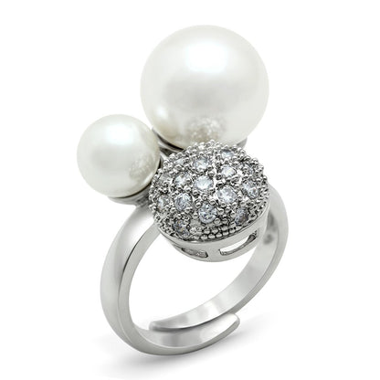 3W137 - Rhodium Brass Ring with Synthetic Pearl in White-0