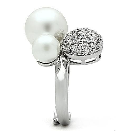 3W137 - Rhodium Brass Ring with Synthetic Pearl in White-3