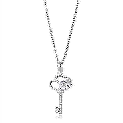 3W1380 - Rhodium 925 Sterling Silver Chain Pendant with AAA Grade CZ  in Clear-0