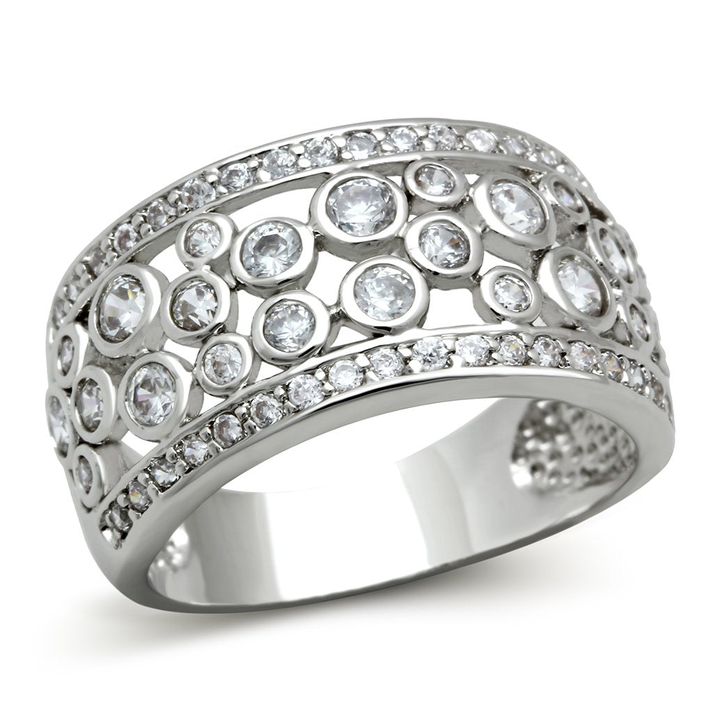 3W141 - Rhodium Brass Ring with AAA Grade CZ  in Clear-0
