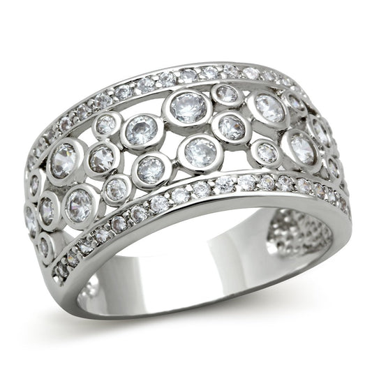 3W141 - Rhodium Brass Ring with AAA Grade CZ  in Clear-0