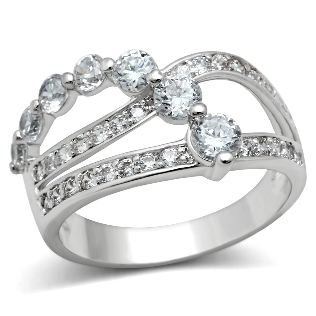 3W142 - Rhodium Brass Ring with AAA Grade CZ  in Clear-0