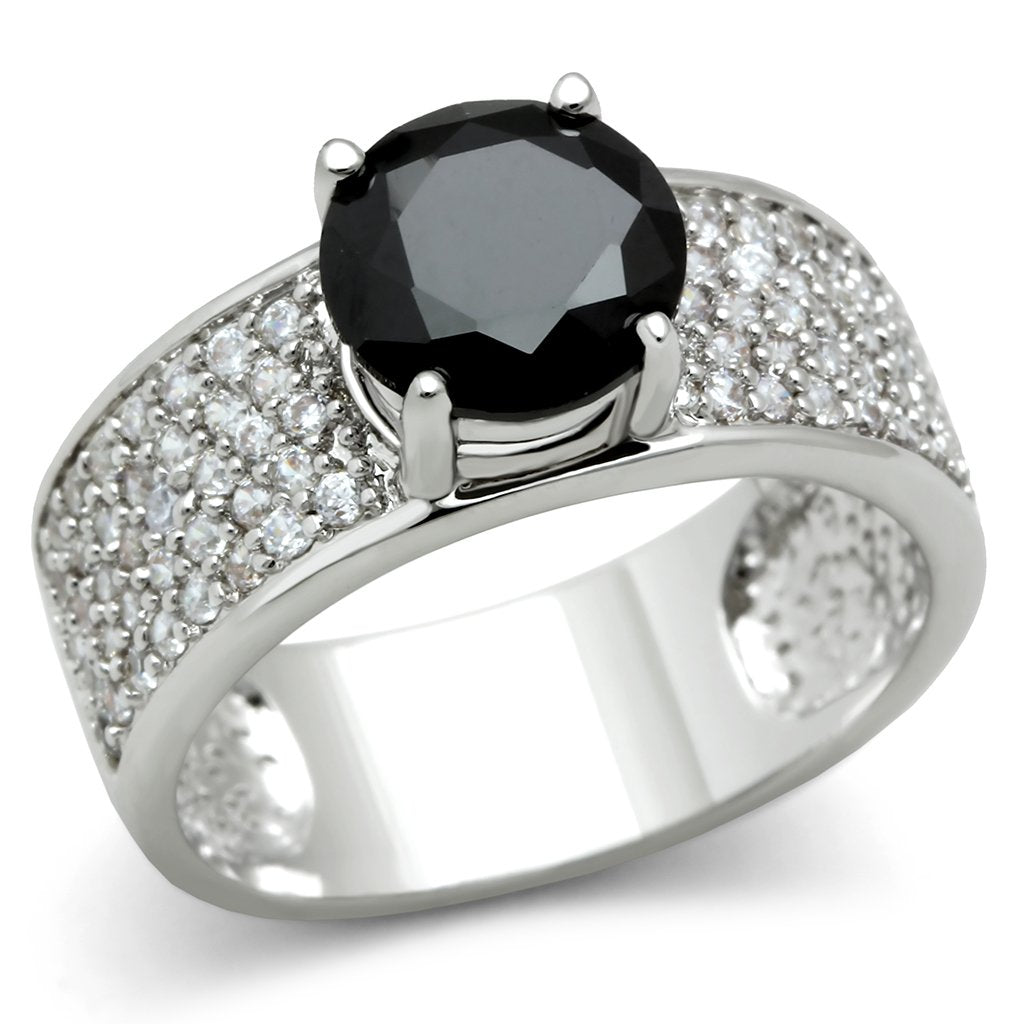 3W145 - Rhodium Brass Ring with AAA Grade CZ  in Jet-0