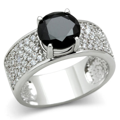 3W145 - Rhodium Brass Ring with AAA Grade CZ  in Jet-0